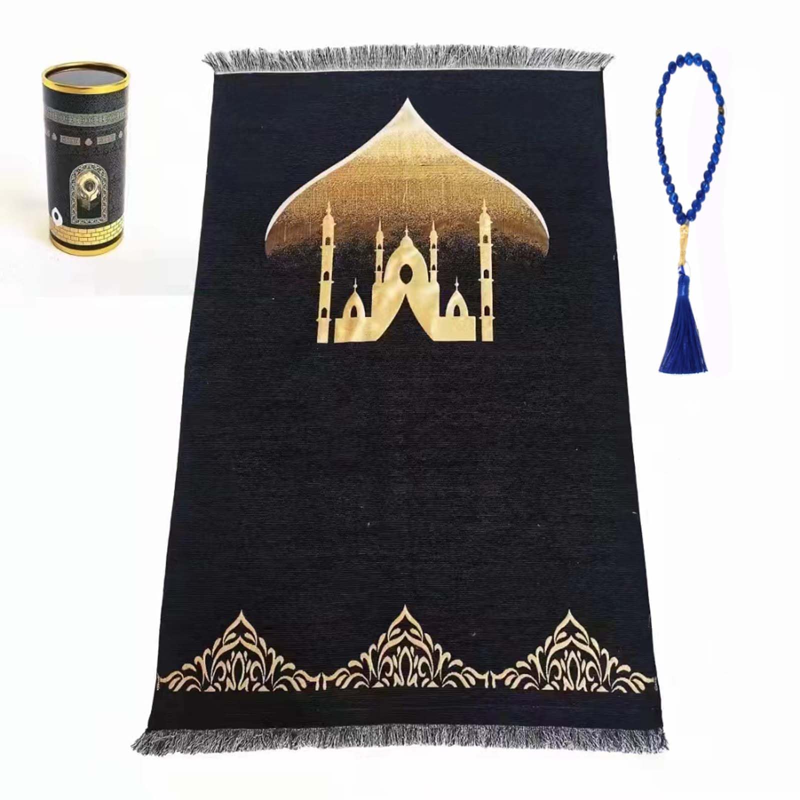 UUSOWARM Muslim Prayer Rug & Beads Set with Stylish Cylinder Gift Box Janamaz Sajadah Ultra-Soft Taffeta Prayer Mat Perfect Islamic Spiritual Gift for Ramadan Islamic Mosque Dome Pattern Black