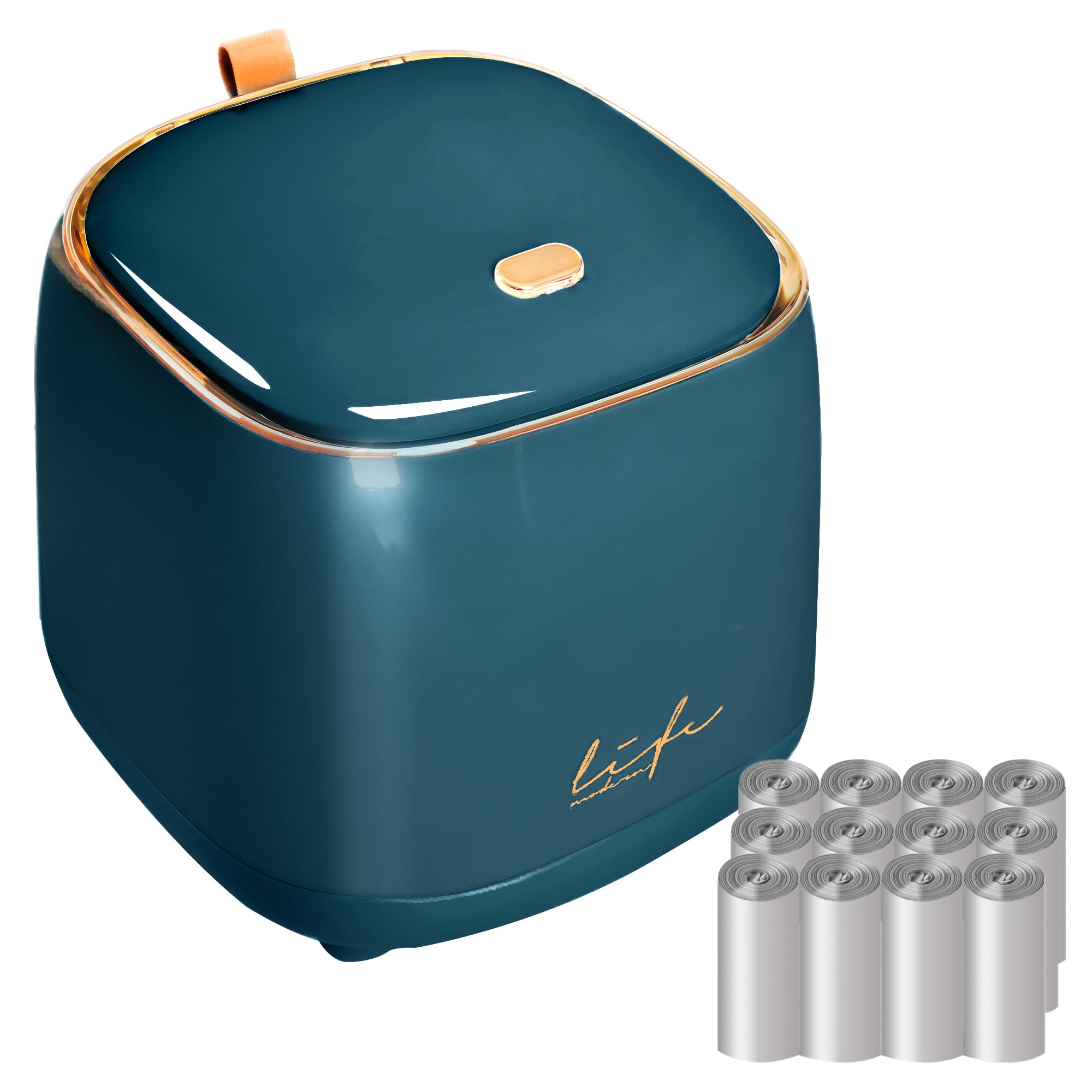 Mini Countertop Trash Can with 12 Rolls of Trash Bags, Desk Trash Can Tiny Trash Can with Press Type Lid, Desktop Trash Can Applicable for Bathroom Vanity Home Office (Trash can-kw-dark green)