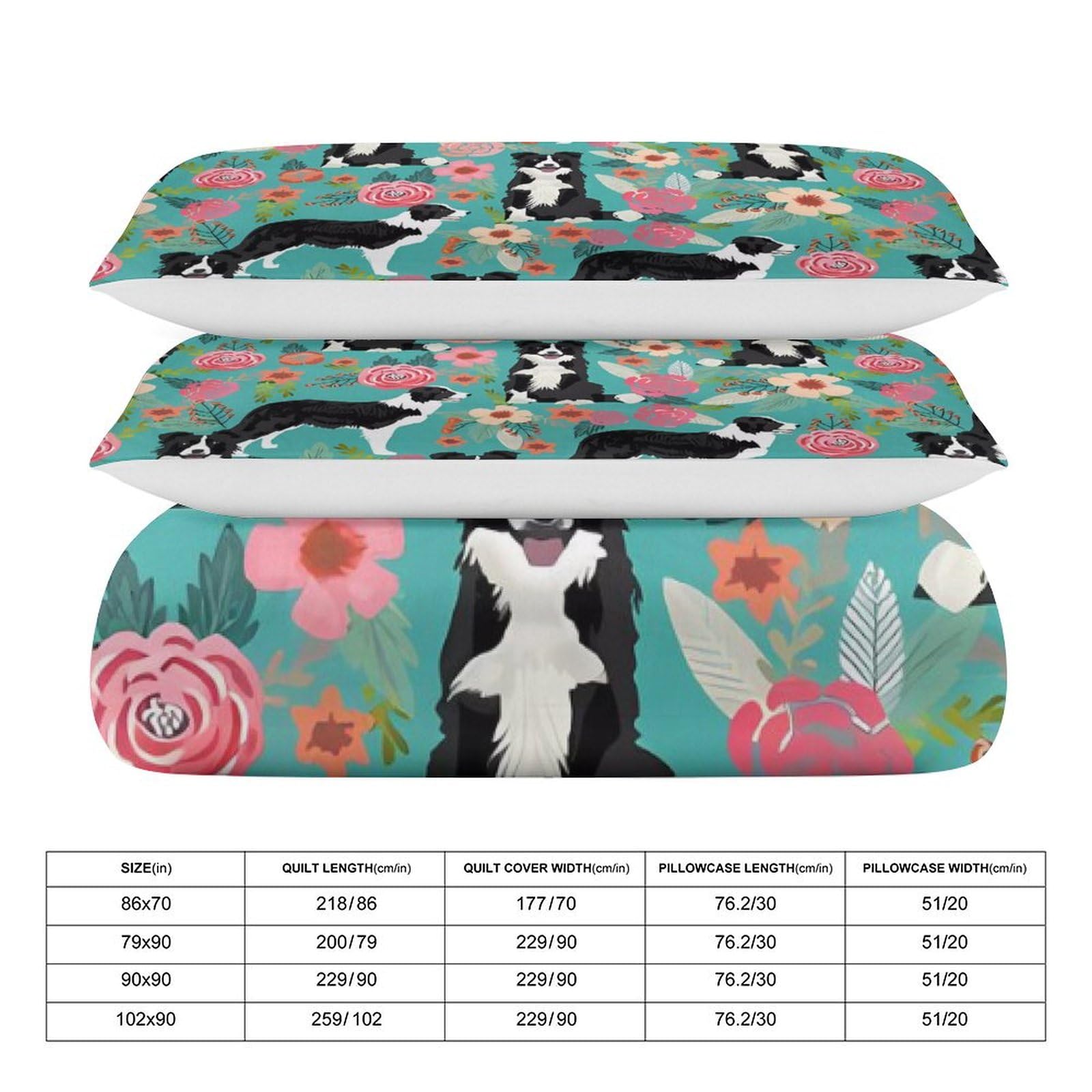 HotcoS Border Collie Florals Comforter Set Queen 3 Pieces Bedding Set Lightweight Soft Bedding Comforter Sets for All Season with 1 Duvet Cover 79"x90" 2 Pillow Shams 30'' X 20''