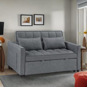 Modern Loveseat Sleeper Sofa, Fabric Upholstered Sofa Bed- 2 in 1 Pull Out Couch Bed for Living Room, Bedroom, Apartment, Office, Sofa Sleeper with Pull Out Bed, Grey