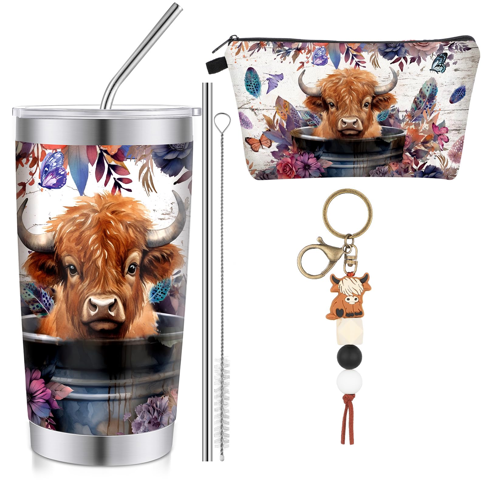 Abbylike 3 Pcs Western Highland Cow Gifts for Women 20 oz Highland Cow Stainless Steel Tumbler Highland Cow Makeup Cosmetic Bag Highland Cow Keychain for Highland Cow Lover Christmas Birthday Gift