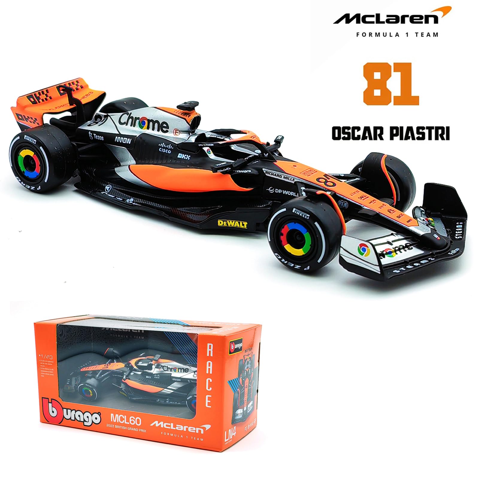 JODIYAAH Bburago P2 British GP Mclaren 2023 F1 MCL60 81# Oscar Piastri Formula Racing Alloy Car Diecast Model (MCL60 81#)