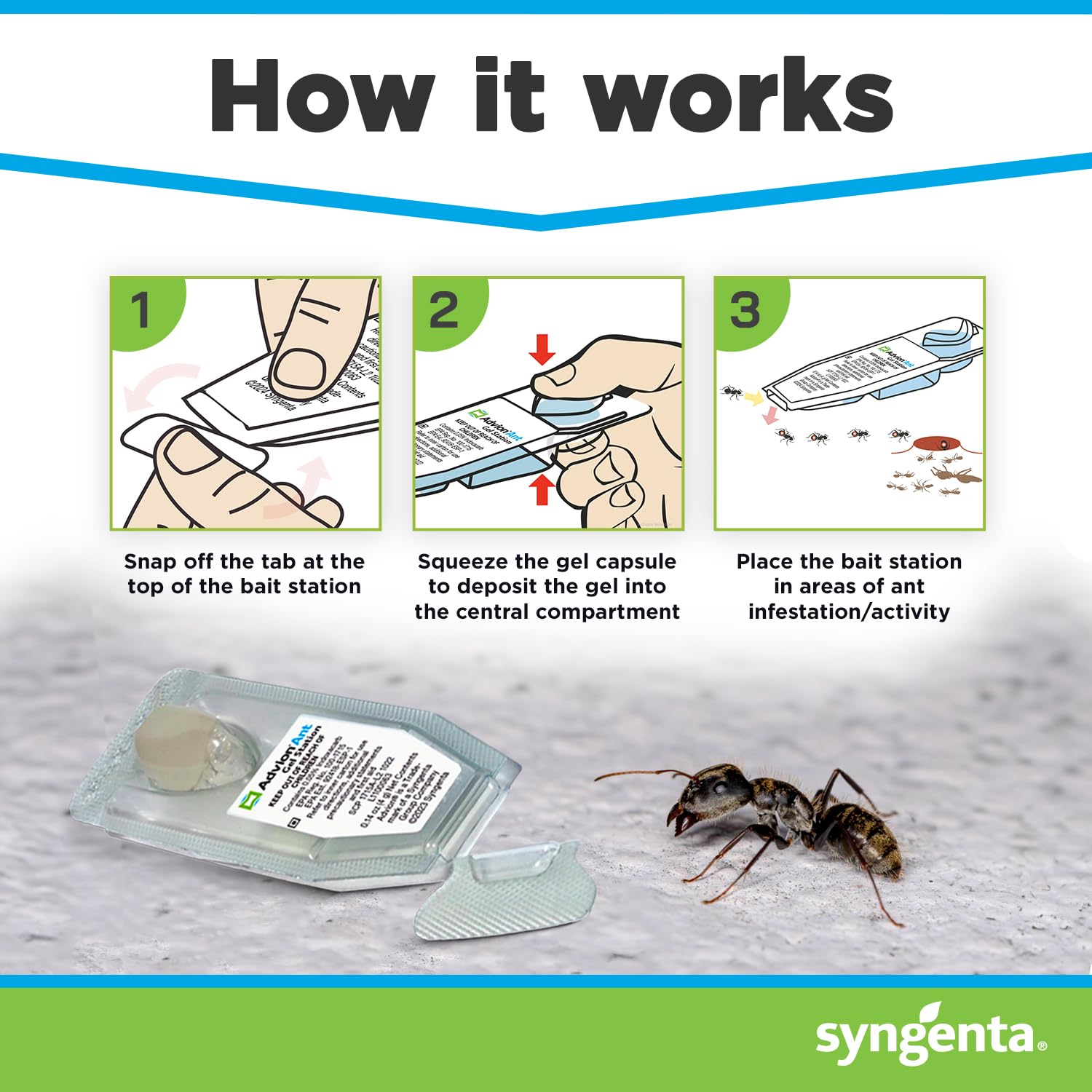 Syngenta Advion Ant Gel Station Insecticide, 3 Stations x 4-Grams, Ready-to-Use Ant Gel Bait with The Active Ingredient Indoxacarb, Ant Bait for Use Indoor and Outdoor, Long-Lasting Ant Killer