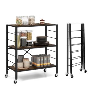 giantex 3-tier folding bookshelf with wheels, industrial foldable metal shelves with height-adjustable shelves, freestanding open shelving storage, no assembly bookcase display shelving rack