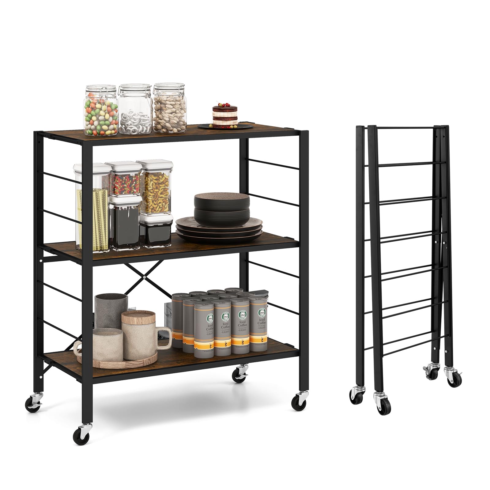 Giantex 3-Tier Folding Bookshelf with Wheels, Industrial Foldable Metal Shelves with Height-Adjustable Shelves, Freestanding Open Shelving Storage, No Assembly Bookcase Display Shelving Rack