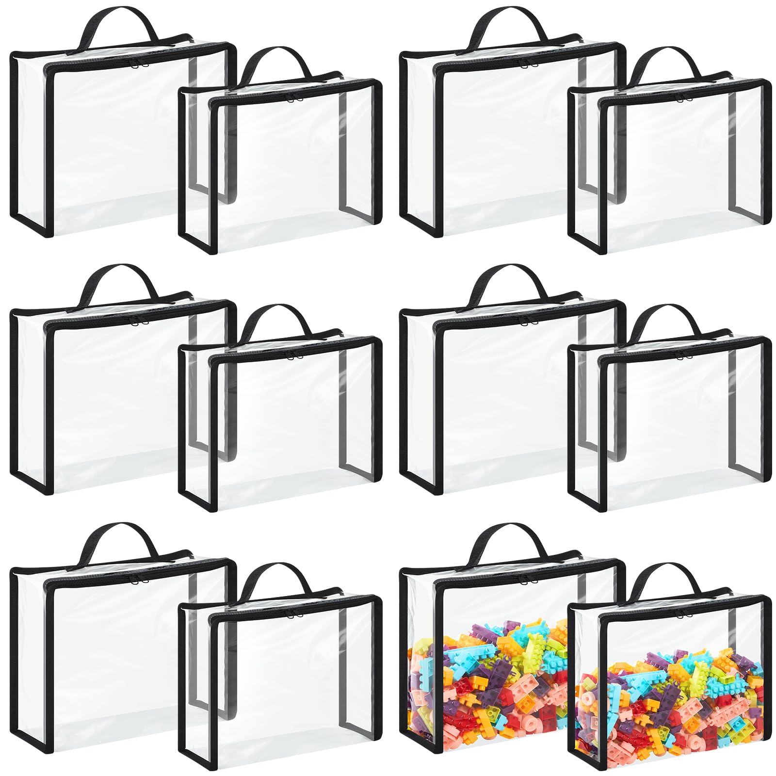 SilTriangle 12 Packs Clear PVC Toy Storage Bags Include 6 Pcs Extra Large and 6 Pcs Large Toy Organizer Bags with Zipper Handle for Organizing Board Game, Building Blocks Puzzle Kids Books