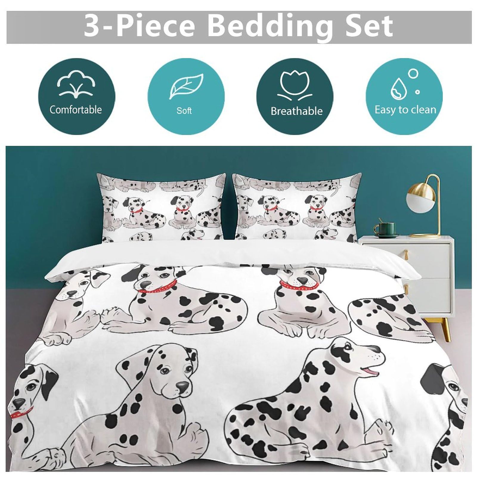 HotcoS Cute Dalmatian Comforter Set Queen 3 Pieces Bedding Set Lightweight Soft Bedding Comforter Sets for All Season with 1 Duvet Cover 90"x90" 2 Pillow Shams 30'' X 20''