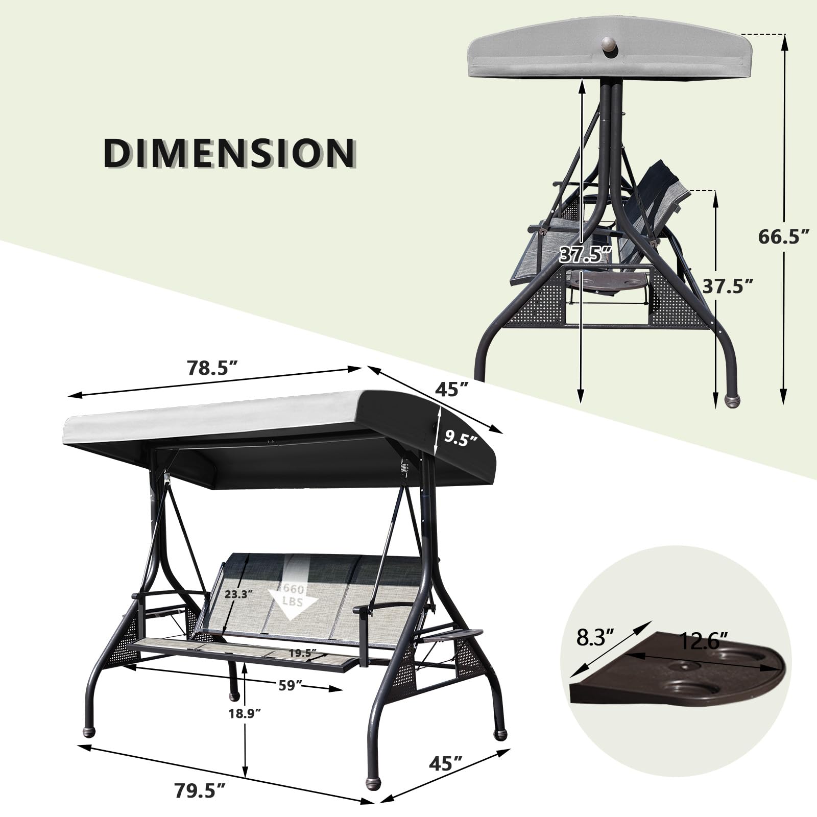 NOBLEMOOD Outdoor Patio Swing with Adjustable Canopy, 3 Seat Outdoor Porch Swing with Cup Holders, Waterproof Textilene Swing Chair for Adults Backyard Garden Patio