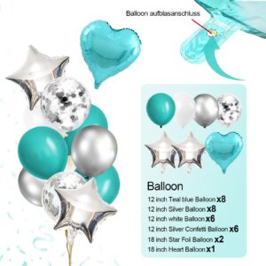 Iyosll Teal Blue and Silver Birthday Party Decorations Happy Birthday Banner Turquoise Aqua Teal Balloons Tissue Pom Poms Foil Fringe Curtain Décor Supplies for Women Girls boys men