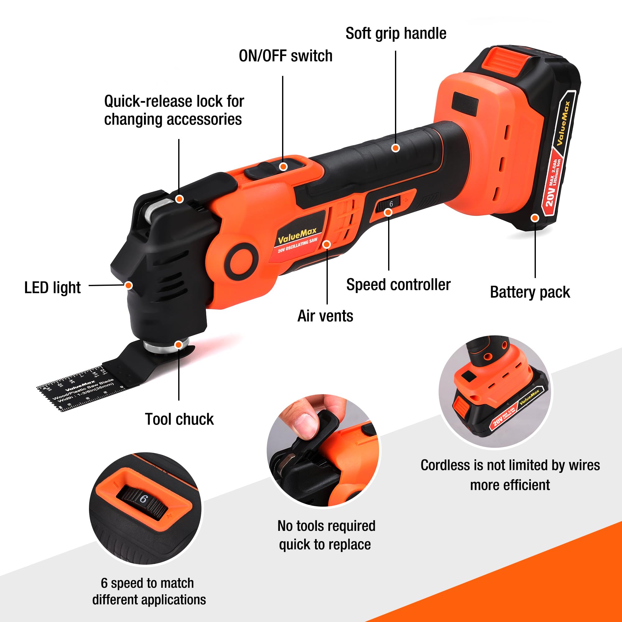 ValueMax 20V Cordless Oscillating Tool with Battery, 3.6°Oscillation Angle Oscillating Saw, 6 Variable Speed Oscillating Multi Tool with Quick-Lock Change System, 16PCS Multitool Blades & Carrying Bag