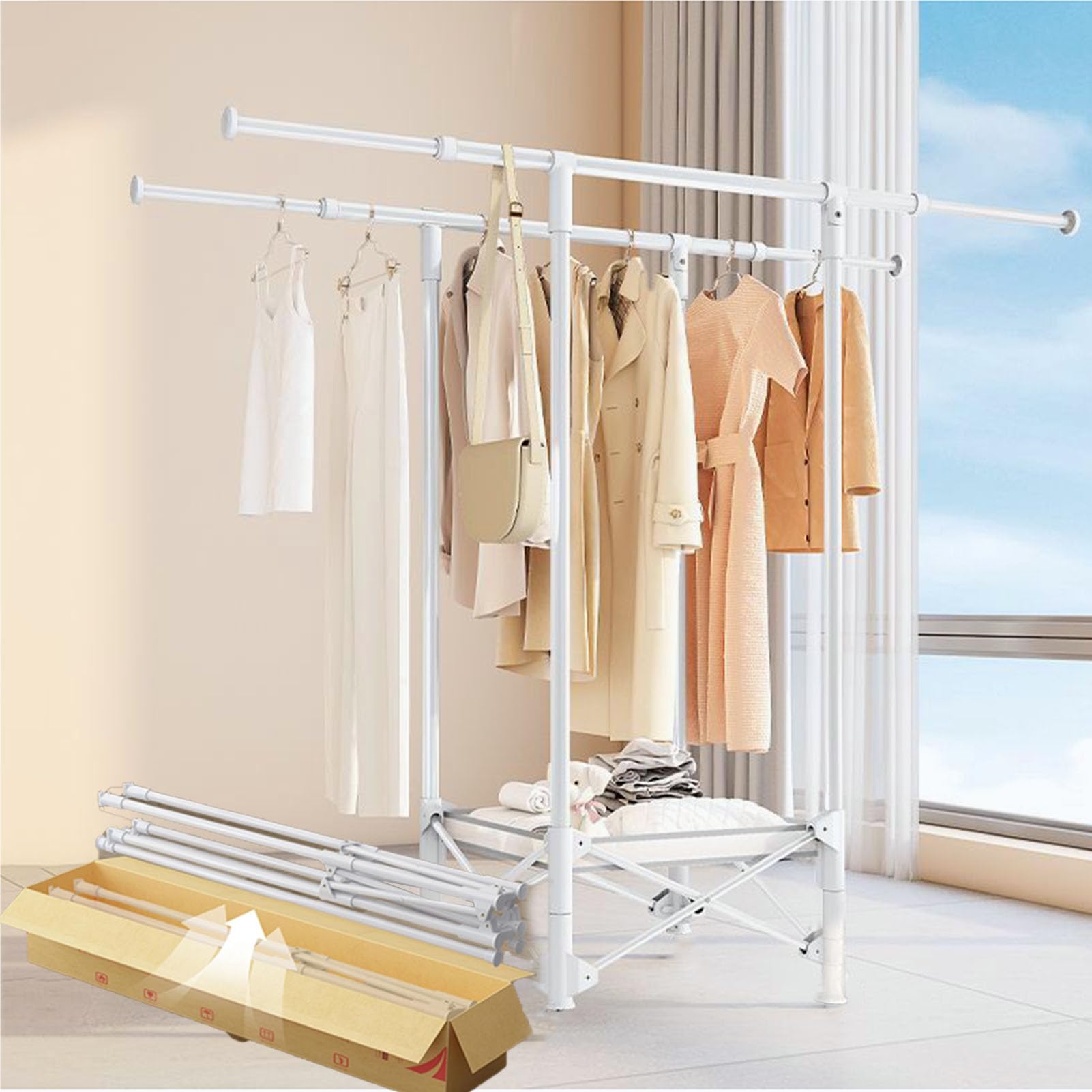 LQDMAER Clothes Drying Rack, Portable Laundry Dryer Rack with Bottom Mesh Pocket, Double Rod Drying Rack Clothing, Portable Collapsible Drying Rack Clothing Indoor Outdoor