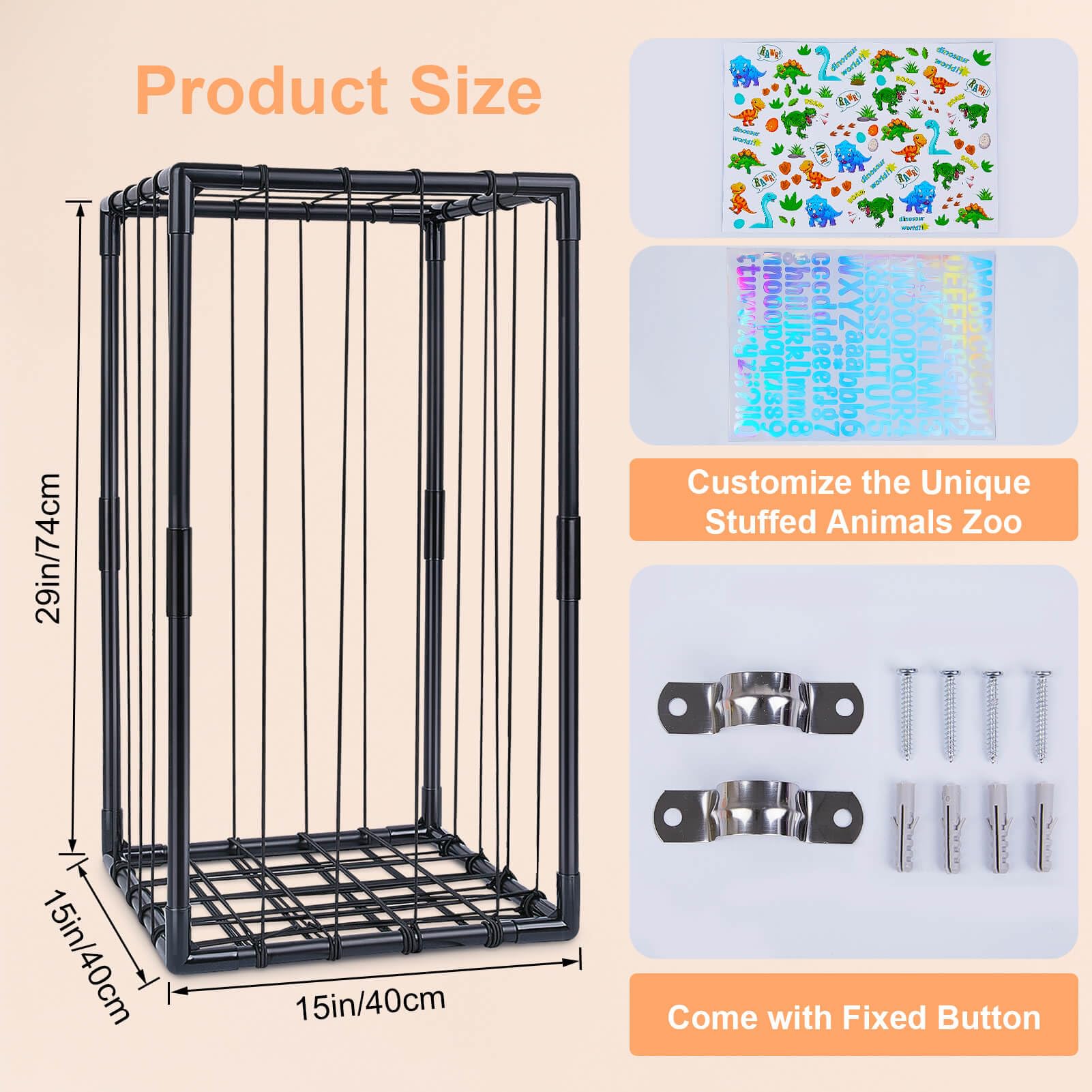 FIOBEE Stuffed Animals Zoo Storage Stuffed Animals Holder Organizer Large Toy Storage Shelf with Elastic Band Stuffed Animals Cage for Nursery Playroom Bedroom Room Furniture, Black, M