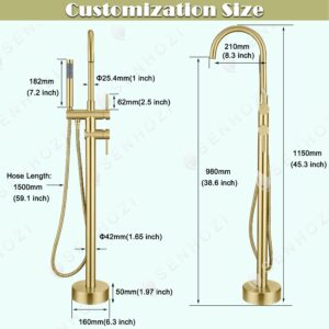 Freestanding Tub Faucet Floor Mount Tub Fillers Freestanding, Senhozi Brushed Gold Free Standing Tub Faucets, Mixer Tap Two Handle Gold Freestanding Bathtub Faucet with Hand Shower, SE-3001-BG