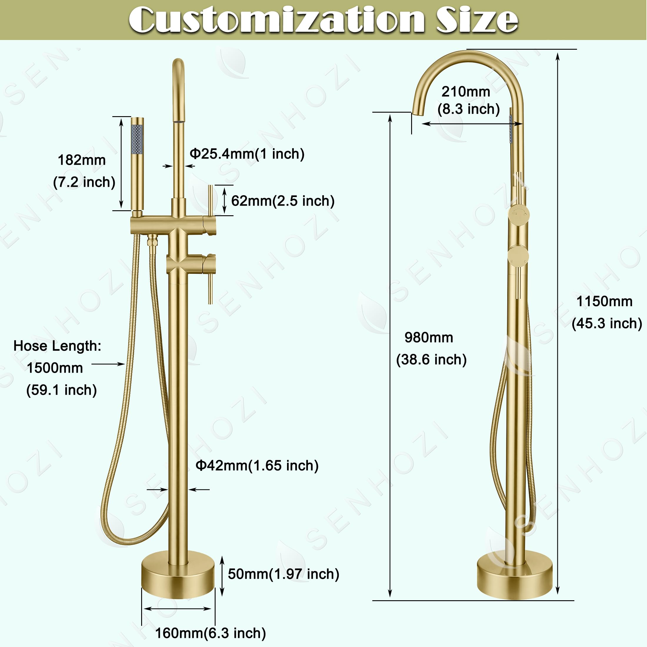 Freestanding Tub Faucet Floor Mount Tub Fillers Freestanding, Senhozi Brushed Gold Free Standing Tub Faucets, Mixer Tap Two Handle Gold Freestanding Bathtub Faucet with Hand Shower, SE-3001-BG