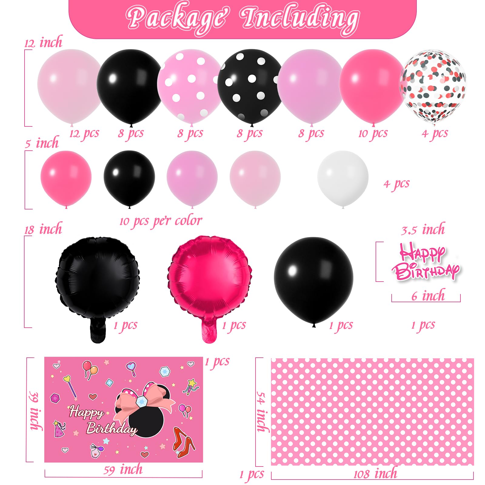 Pink Mouse Birthday Decorations of Pink Mouse Balloon Arch Kit with Backdrop & Tablecloth - Mouse Balloon Garland Different Sizes 5 12 Inch Pink Black Balloons for Girls Baby Shower Birthday Decor