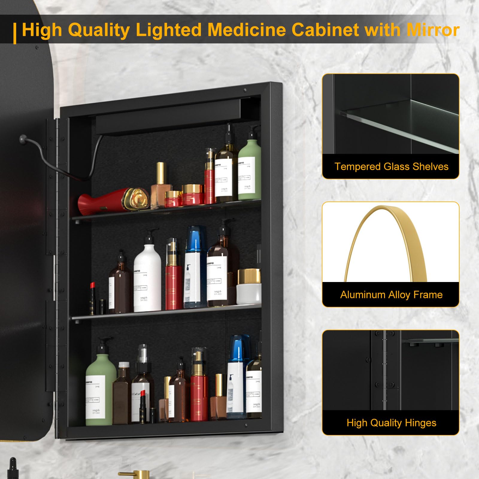 Mepplzian Lighted Arched Medicine Cabinet,Gold Medicine Cabinet Mirror,Recessed Medicine Cabinet with Mirror,Led Medicine Cabinet Mirror for Bathroom,Medicine Cabinet with Lights,Wall Mounted,20x31''