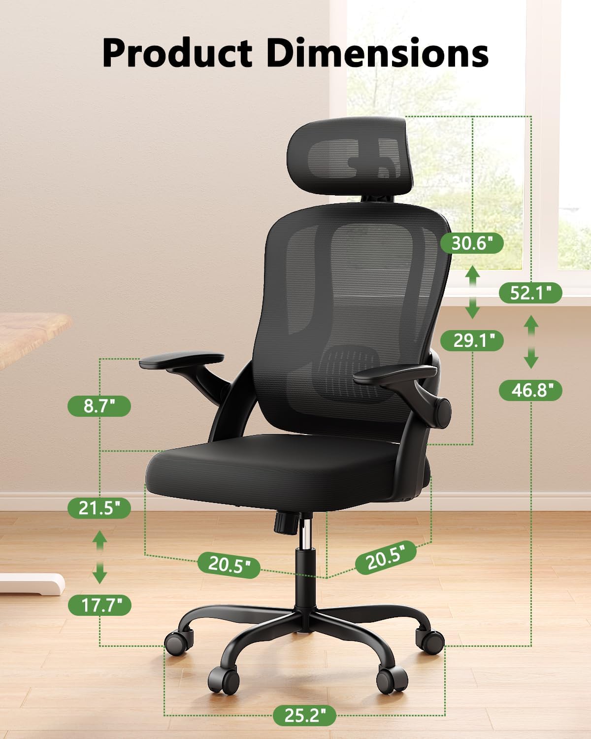 Kensaker Home Office Chair, High Back Ergonomic Desk Chair with 3D Armrests, Lumbar Support, Mesh Computer Chair with Adjustable Headrest, for Home, Office, Work, Student