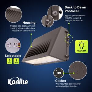 Konlite - 125W/105W/76W Full-Cutoff LED Wall Pack, Wall LED Lights, Wattage & CCT (50K/40K/30K) Selectable, LED Wall Light, Energy Efficient, Durable, Outdoor Commercial Wall Pack Light, 20,812LM