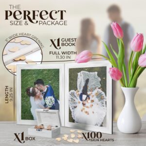 Elegant Wedding Guest Book Alternative - Wedding Guest Book Frame of Pinewood - Foldable Guest Book Wedding Reception Alternative w/2-Photos Space, Stand, Hanger, 100 Wooden Hearts & Box for Any Event