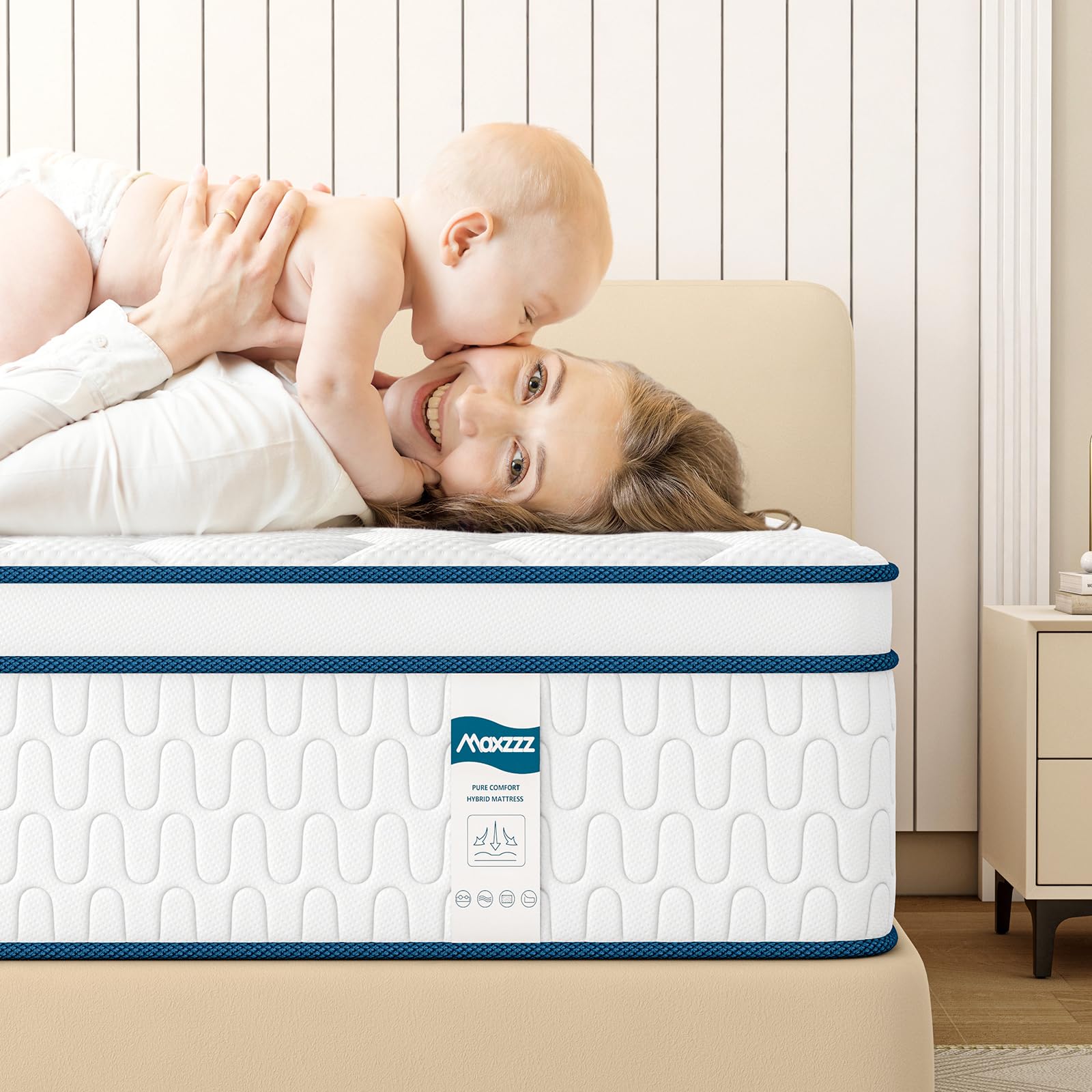 Maxzzz Queen Mattresses, 14 Inch Euro Top Hybrid Mattress, Luxury Mattress for Back Pain, Heavier Coils Innerspring for Motion Isolation & Balance Support, Mattress-in-a-Box