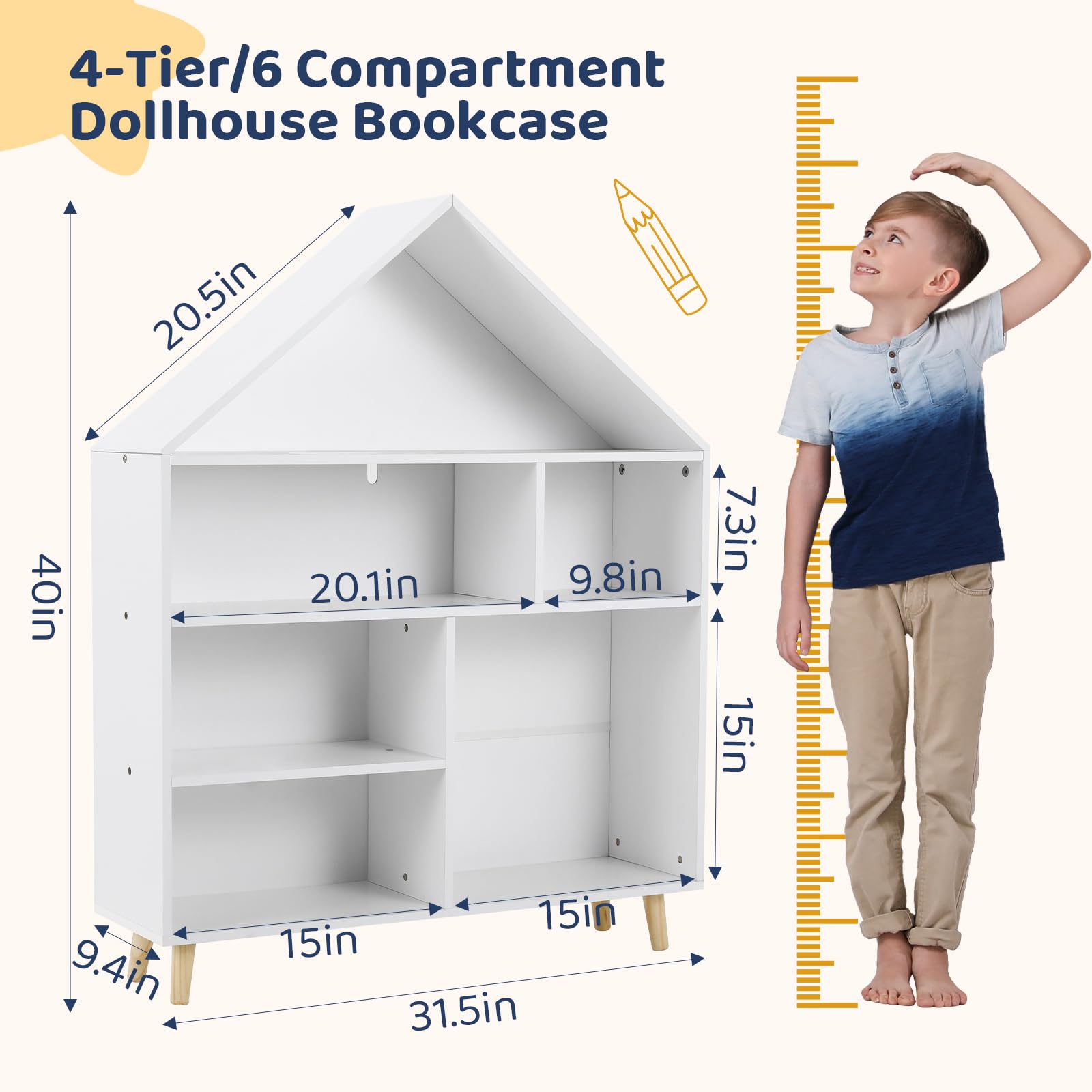 Arlopu Kids Bookshelf Toy Organizer, Wooden Dollhouse Bookcase, 6-Section Toddler Toy Storage Cabinet, Freestanding 4-Tier Display Book Shelves, for Playroom, Bedroom, Daycare, White