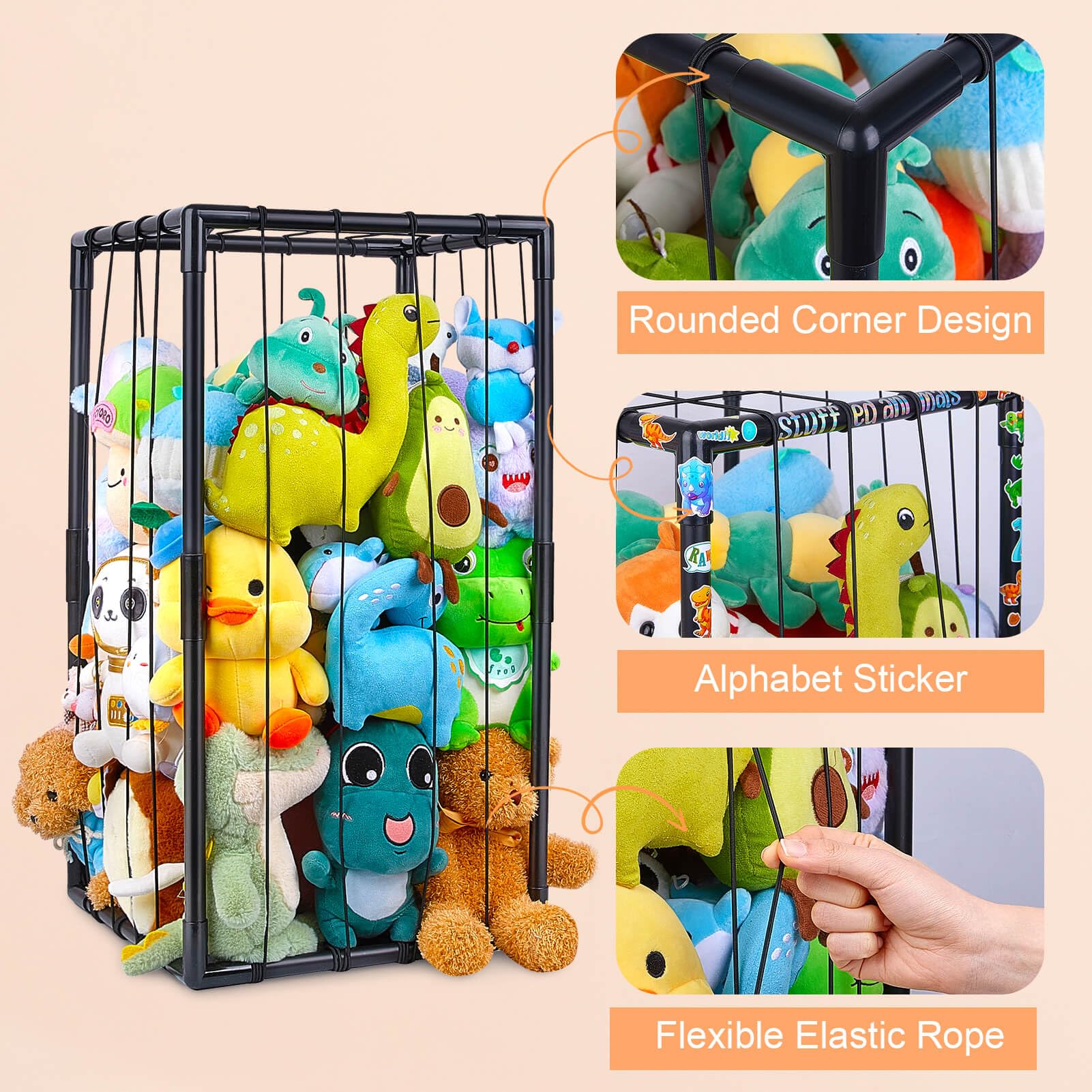 FIOBEE Stuffed Animals Zoo Storage Stuffed Animals Holder Organizer Large Toy Storage Shelf with Elastic Band Stuffed Animals Cage for Nursery Playroom Bedroom Room Furniture, Black, M