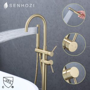 Freestanding Tub Faucet Floor Mount Tub Fillers Freestanding, Senhozi Brushed Gold Free Standing Tub Faucets, Mixer Tap Two Handle Gold Freestanding Bathtub Faucet with Hand Shower, SE-3001-BG