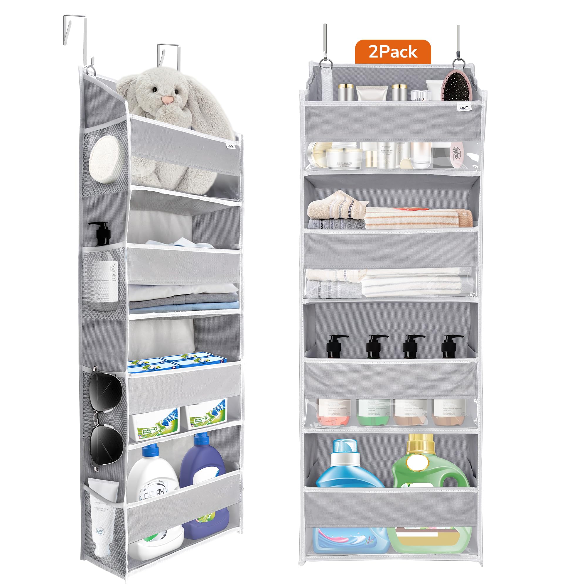 ULG 2 Pack Over The Door Storage Organizer with 4 Pockets 8 Mesh Side Pockets, 36 lbs Weight Capacity Door Hanging Organizers for Bedroom,Bathroom,Nursery,Pantry,Dorm(Light Gray)