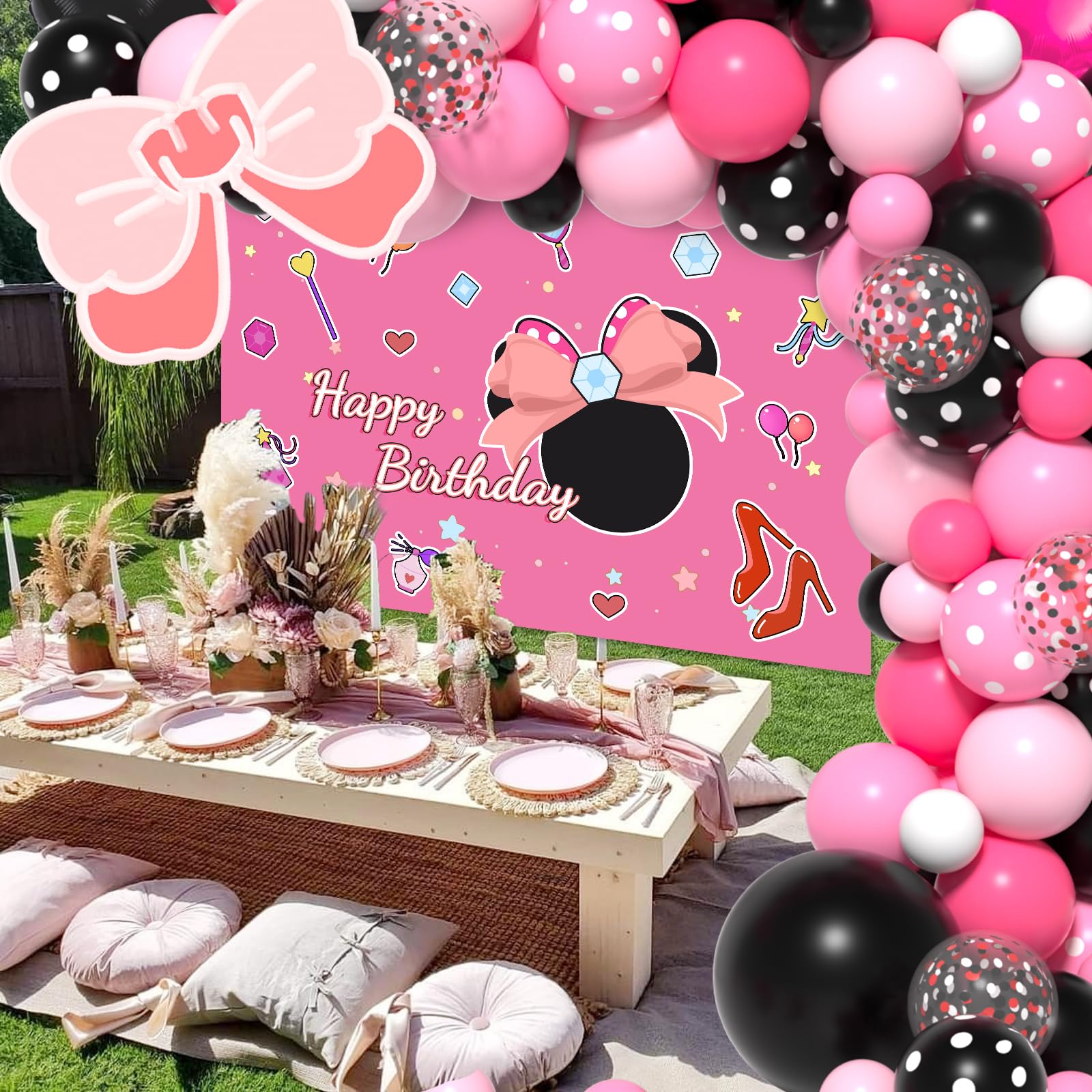 Pink Mouse Birthday Decorations of Pink Mouse Balloon Arch Kit with Backdrop & Tablecloth - Mouse Balloon Garland Different Sizes 5 12 Inch Pink Black Balloons for Girls Baby Shower Birthday Decor