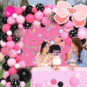 Pink Mouse Birthday Decorations of Pink Mouse Balloon Arch Kit with Backdrop & Tablecloth - Mouse Balloon Garland Different Sizes 5 12 Inch Pink Black Balloons for Girls Baby Shower Birthday Decor