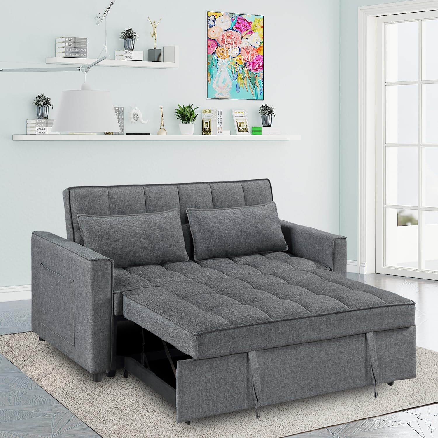 Modern Loveseat Sleeper Sofa, Fabric Upholstered Sofa Bed- 2 in 1 Pull Out Couch Bed for Living Room, Bedroom, Apartment, Office, Sofa Sleeper with Pull Out Bed, Grey