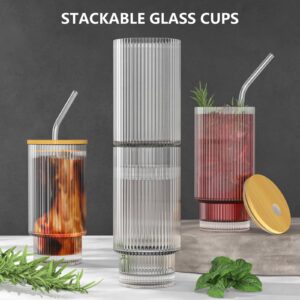 WXCWYQR Glass Cups with Lid and Straw 2 Set, 16OZ Drinking Glasses for Whiskey Cocktail Beer, Ribbed Glassware Set for Gift (2 SET)