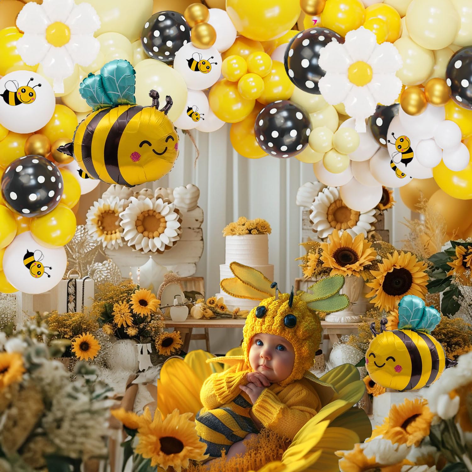 135Pcs Bumble Bee Balloon Garland Kit: Yellow Black and white Bee balloon arch for Sweet Honey Bee Baby Showers, 'What Will It Bee' themed gender Reveals,Sunflower or Sunny Birthday Decors