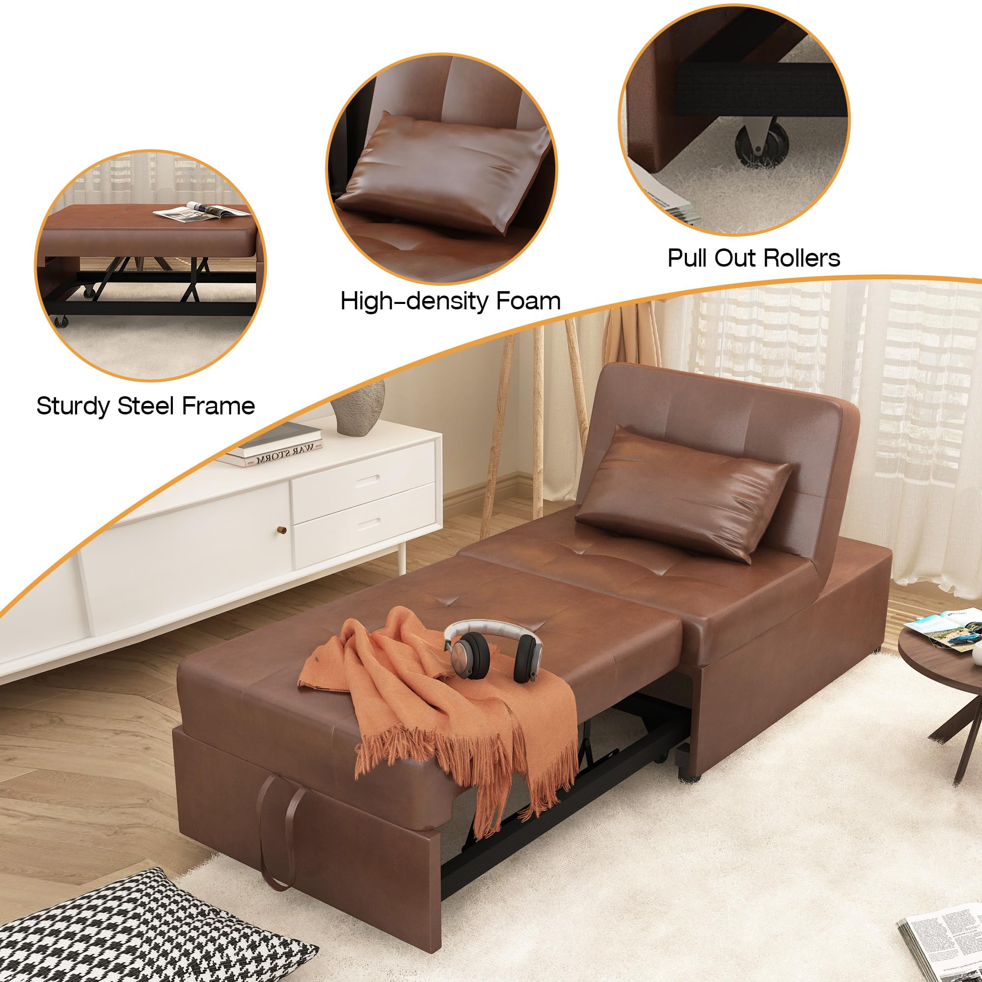 LEVNARY Convertible Chair Bed Sleeper, Pu Leather 4 in 1 Single Sofa Folding Chair Ottoman, Pull Out Small Couch Ottoman Bed for Home Living Room (Leather Brown)