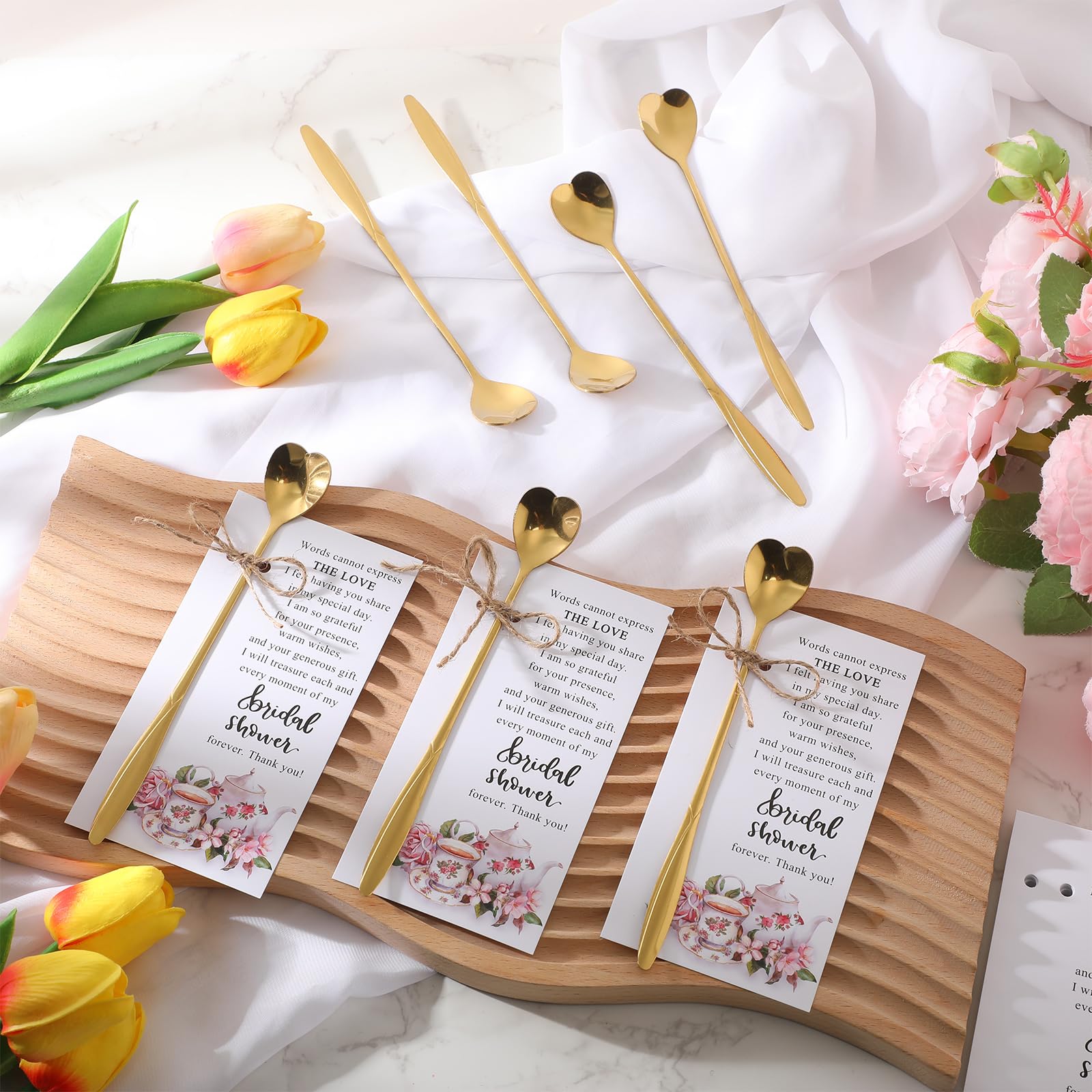 Skybooly 50 Sets Tea Party Bridal Shower Favors Mini Coffee Spoons Small Tea Spoons Heart Shaped Spoon with Bridal Shower Thank You Cards and Hemp Rope Wedding Souvenirs Tea Party Favor (Gold)