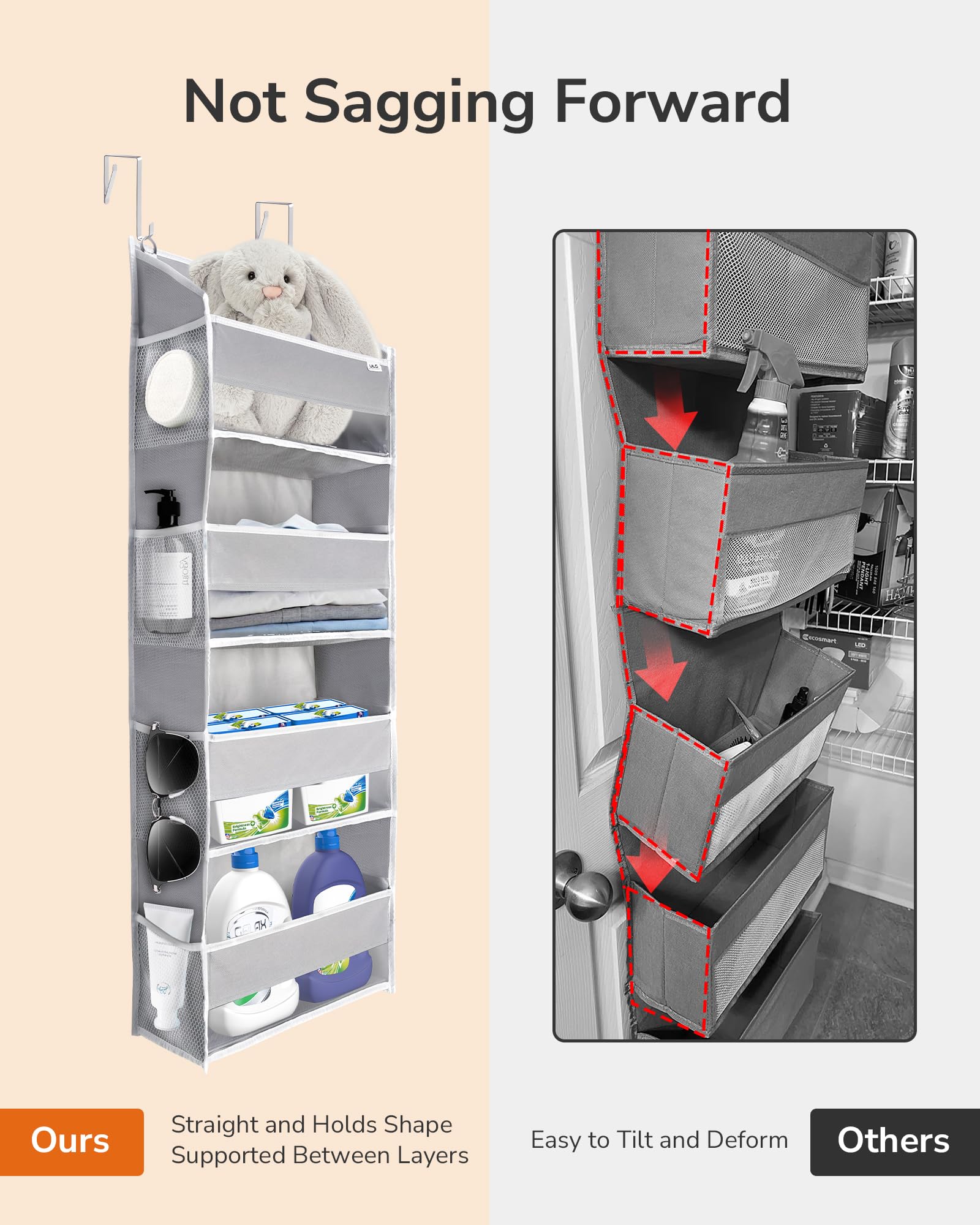 ULG 2 Pack Over The Door Storage Organizer with 4 Pockets 8 Mesh Side Pockets, 36 lbs Weight Capacity Door Hanging Organizers for Bedroom,Bathroom,Nursery,Pantry,Dorm(Light Gray)