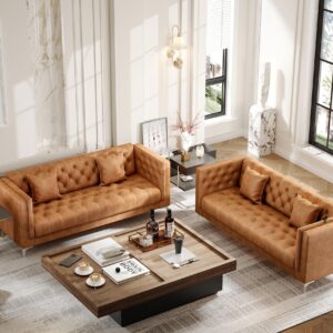 HIFIT 2 Piece Sofa Set for Living Room, Modern Sofas Couches with 2 Pillows, Button Tufted Couch with Extra Deep Seats, 3 Seat Sofa for Apartment Lounge, Brown