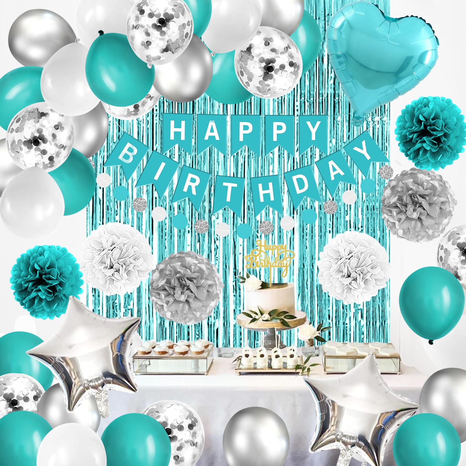 Iyosll Teal Blue and Silver Birthday Party Decorations Happy Birthday Banner Turquoise Aqua Teal Balloons Tissue Pom Poms Foil Fringe Curtain Décor Supplies for Women Girls boys men