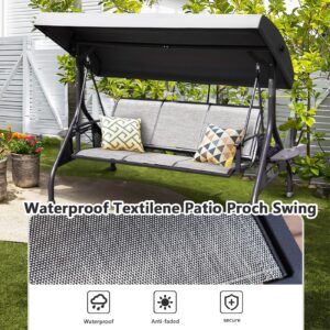 NOBLEMOOD Outdoor Patio Swing with Adjustable Canopy, 3 Seat Outdoor Porch Swing with Cup Holders, Waterproof Textilene Swing Chair for Adults Backyard Garden Patio