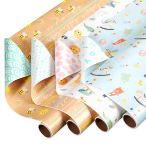 american greetings 160 sq. ft. reversible wrapping paper bundle for baby showers, baby gifts, birthdays and all occasions, hearts, polka dots and animals (4 rolls, 30 in. x 16 ft.)