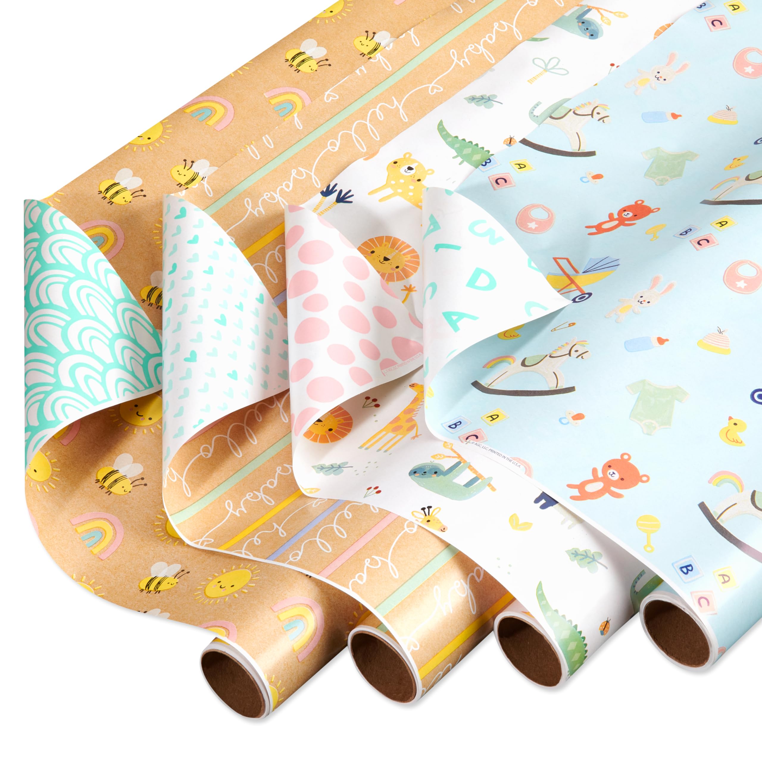 American Greetings 160 sq. ft. Reversible Wrapping Paper Bundle for Baby Showers, Baby Gifts, Birthdays and All Occasions, Hearts, Polka Dots and Animals (4 Rolls, 30 in. x 16 ft.)