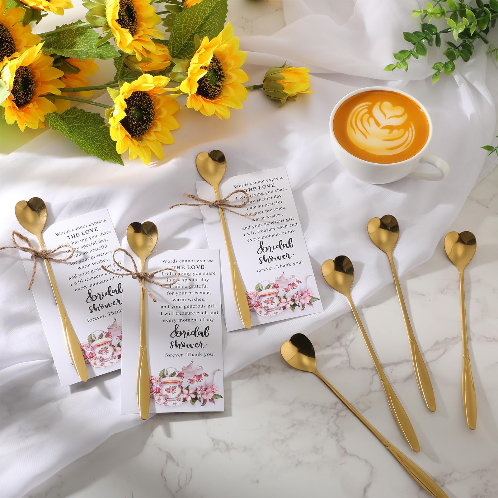 Skybooly 50 Sets Tea Party Bridal Shower Favors Mini Coffee Spoons Small Tea Spoons Heart Shaped Spoon with Bridal Shower Thank You Cards and Hemp Rope Wedding Souvenirs Tea Party Favor (Gold)