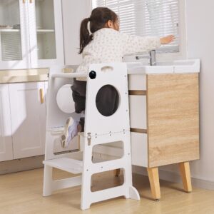 White Toddler Tower Step Stool for Kids Kitchen Stool Helper Toddler Standing Tower Foldable Toddler Table Kids Table and Chair Set 4 in 1 Montessori Helper Tower