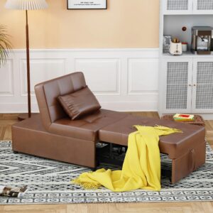 LEVNARY Convertible Chair Bed Sleeper, Pu Leather 4 in 1 Single Sofa Folding Chair Ottoman, Pull Out Small Couch Ottoman Bed for Home Living Room (Leather Brown)