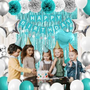 Iyosll Teal Blue and Silver Birthday Party Decorations Happy Birthday Banner Turquoise Aqua Teal Balloons Tissue Pom Poms Foil Fringe Curtain Décor Supplies for Women Girls boys men