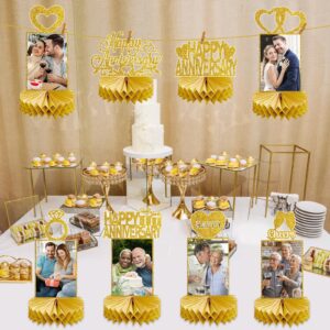 Eucutur 8Pcs Gold Happy Wedding Anniversary Decorations Honeycomb Centerpiece, Gold Glitter Anniversary Photo Table Centerpiece Party Supplies, 25th 30th 40th 50th 60th Gold Anniversary Table Topper