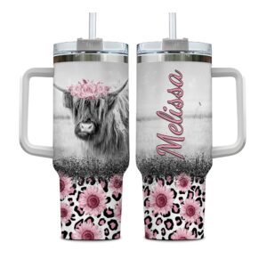 hyturtle personalized gifts for highland cow lover tumbler 40oz with handle and straw - stainless steel travel coffee cup with lid - cute farm animal lover gifts for women, girl on birthday christmas