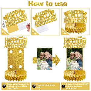 Eucutur 8Pcs Gold Happy Wedding Anniversary Decorations Honeycomb Centerpiece, Gold Glitter Anniversary Photo Table Centerpiece Party Supplies, 25th 30th 40th 50th 60th Gold Anniversary Table Topper