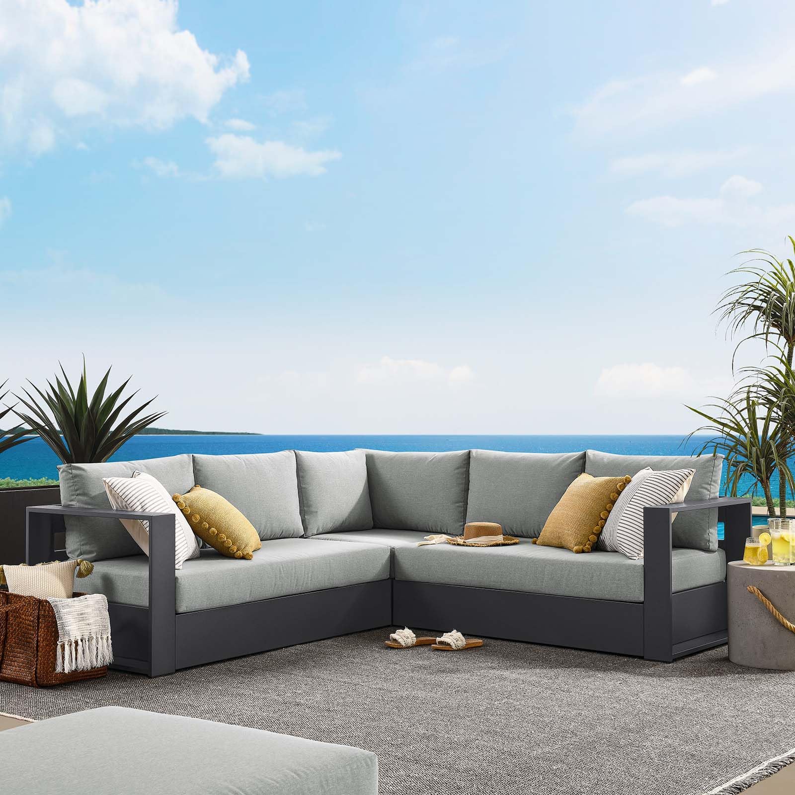 Modway Tahoe Aluminum Outdoor Patio Furniture Gray, Modular Weather-Resistant Cushions, Ideal for Deck, Backyard Poolside, 3-Piece Sectional Sofa Set