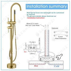 Freestanding Tub Faucet Floor Mount Tub Fillers Freestanding, Senhozi Brushed Gold Free Standing Tub Faucets, Mixer Tap Two Handle Gold Freestanding Bathtub Faucet with Hand Shower, SE-3001-BG